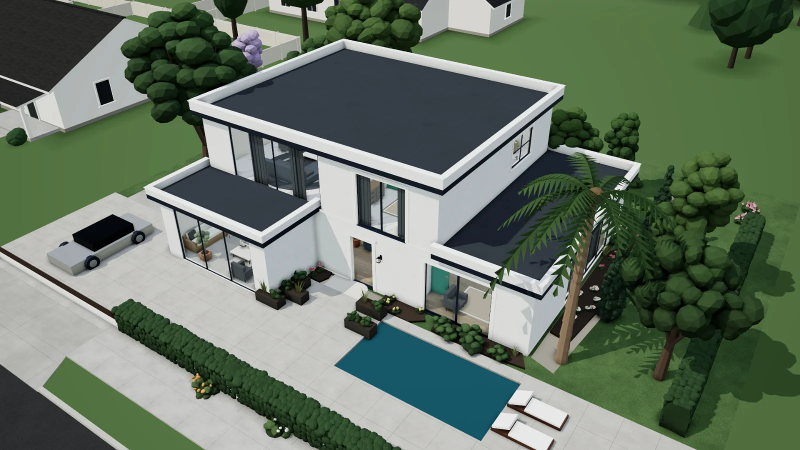 An aerial view of a two-storey white modern villa with a plunge pool, rendered in the browser.